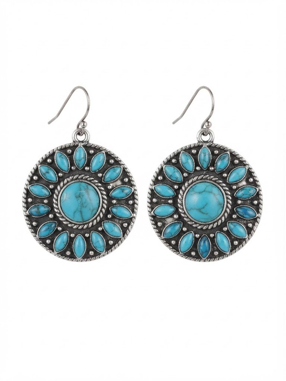 Vintage Taxco Mexican Sterling Silver Turquoise Sunflower Dangle Earrings